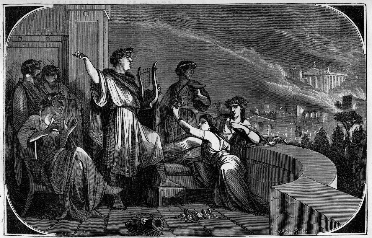 Fire of Rome af Neron. Mellem 18. og 24. juli 64 blev byen Rom ødelagt af en stor brand, der angiveligt var forårsaget af kejser Nero for at anklage og forfølge de kristne. Indgravering i "Histoire des Papes-Rois-Queen and Empereurs a travers les centuries af French School