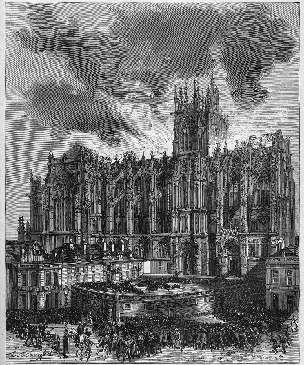 Brand fra Cathedrale Saint Etienne (Saint Stephen) i Metz (Moselle, 57), 7. maj 1877. Indgravering i "" Le Monde Illustré"" nr. 1049 af 19. maj 1877. af French School