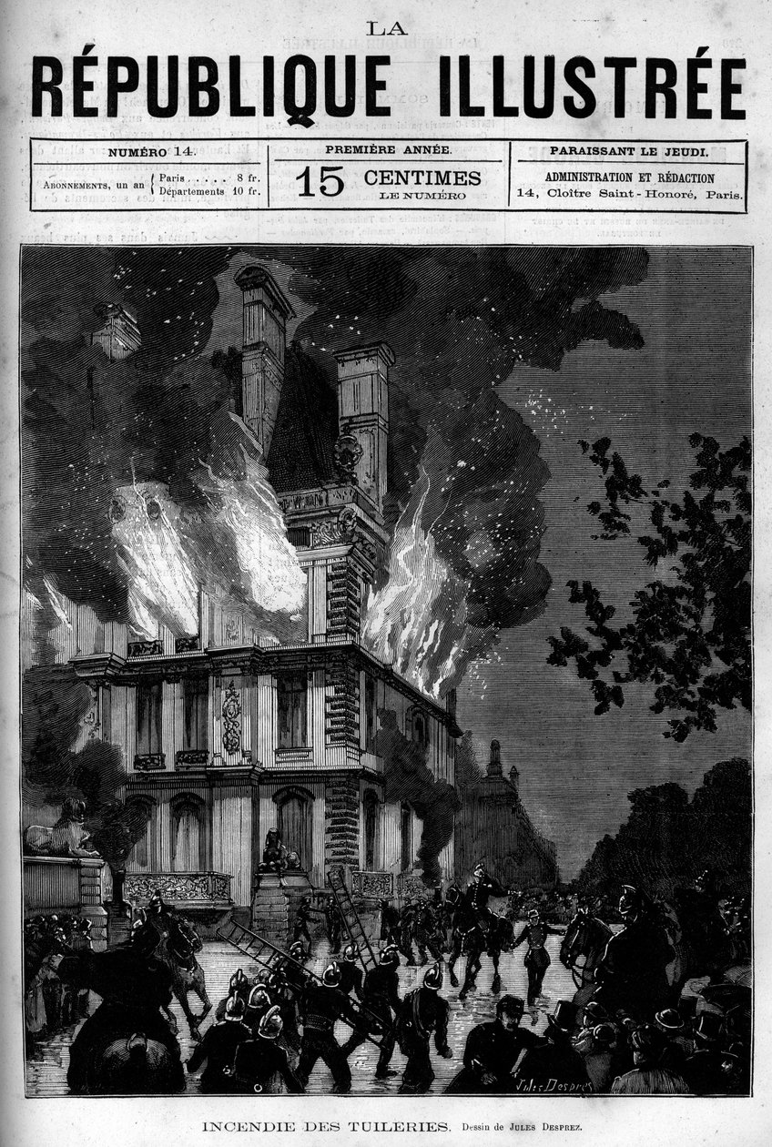 Brand i Flore-pavillonen i Tuilerierne i Paris. En avis. Indgravering fra 1880 i "La republique illustree"" privatsamling. af French School