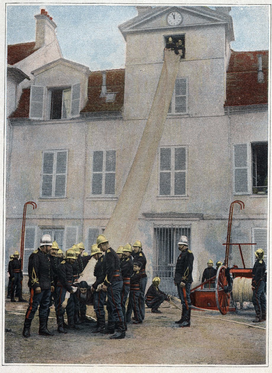 Brandmænd i Paris. Redningen kommer først. Klatring for at nå frem i nærheden af katastroferne sker med det samme ved hjælp af krogene, stoleknuderne eller redningsposen monteret af pumpelederen og den første tjener. Sapperne nedenfor understøtter enden af af French School