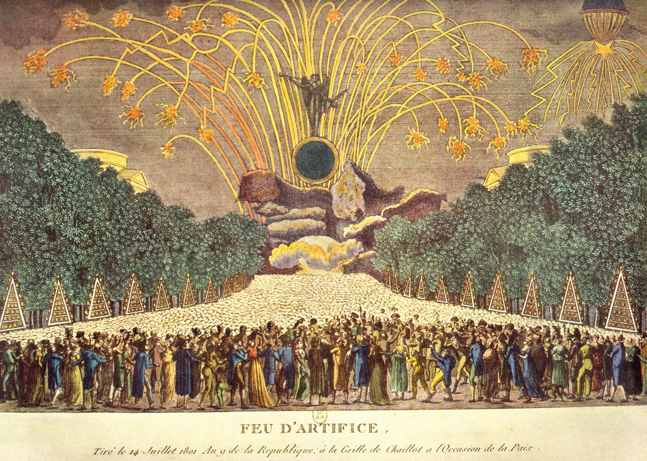 Fyrværkeri ved Grille de Chaillot i Paris for at fejre fred, 14. juli 1801 af French School