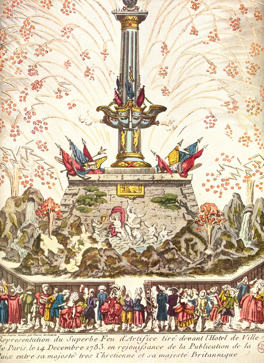 Fyrværkeri foran Hotel de Ville i Paris, der fejrer Versailles-freden den 14. december 1783 af French School