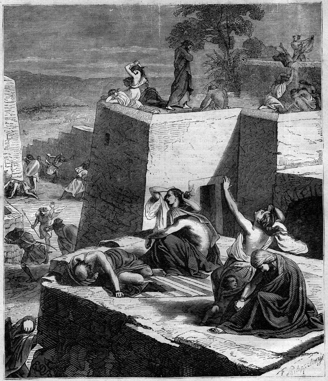 Første korstog (1096-1099): De tyske korstog knuser ungarerne og sætter byerne i brand. Indgravering i "Histoire des Papes-Rois-Queen and Empereurs a travers les centuries"" af Maurice Lachatre af French School