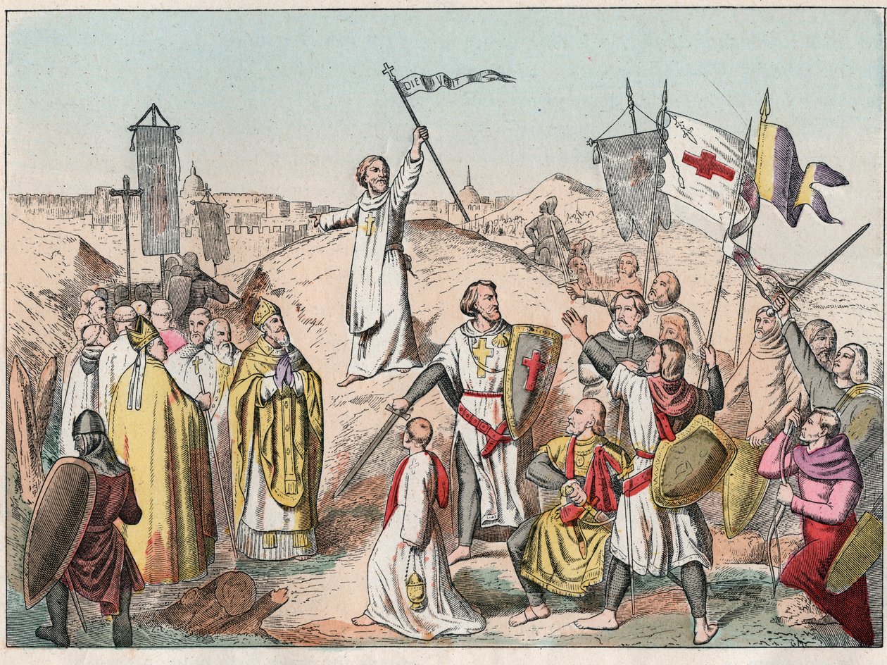 Første korstog: belejringen og erobringen af Jerusalem af krydstogter ledet af Godefroy (Godefroi) de Bouillon (1058-1100) i 1099 - Godfrey de Bouillon ved belejringen af Jerusalem - Indgravering af slutningen af det 19. århundrede i "" Nos Gires Nationale af French School