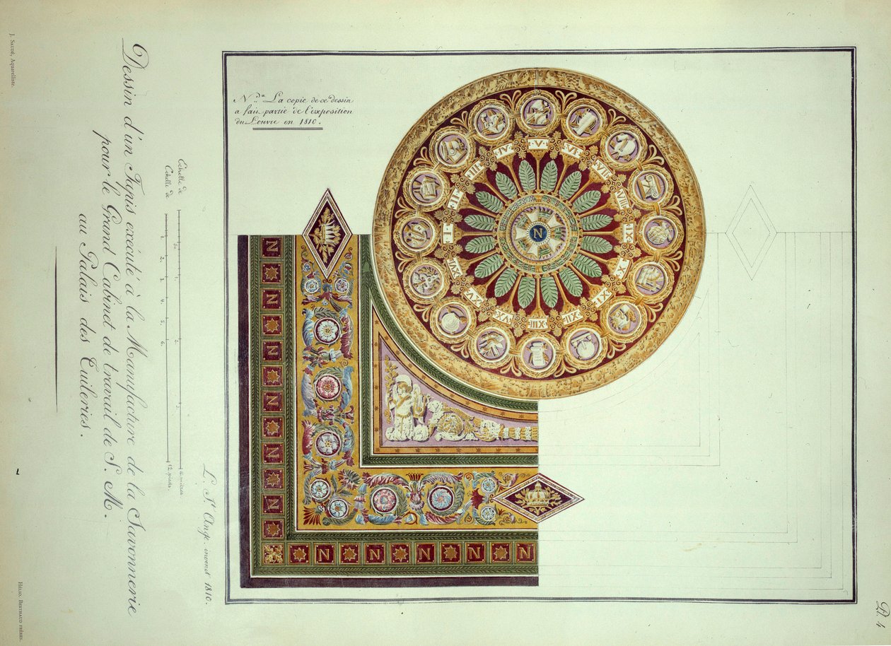 First Empire: design af et tæppe udført på Manufacture de la Savonnerie til Cabinet de Travail af kejser Napoleon I (1769-1821) på Palais des Tuileries i Paris af French School