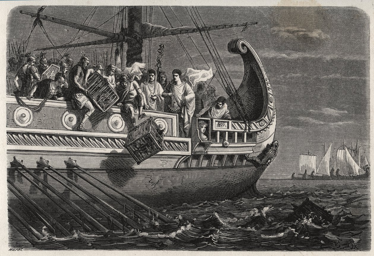 Første puniske krig - Publius Claudius Appius Pulcher (død omkring 240 f.Kr.) før slaget ved Drepanum (249 f.Kr.) får hellige kyllinger til at kaste i havet - Første puniske krig - Slaget ved Drepana - Publius Claudius Appius Pulcher før slaget ved Drepanu af French School