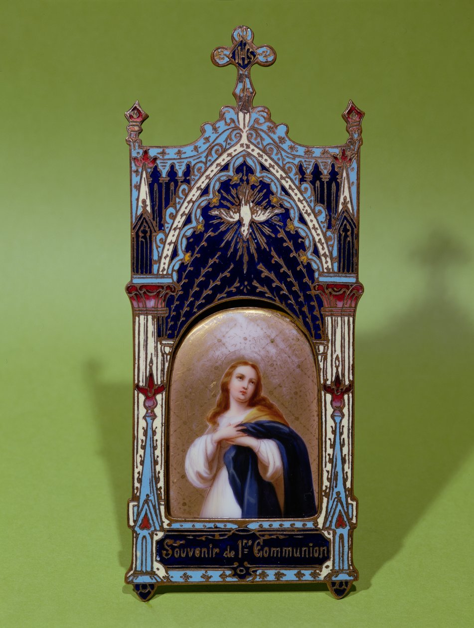 Første nadver souvenir forestillende Jomfruen og Helligånden (malet porcelæn og emalje) af French School
