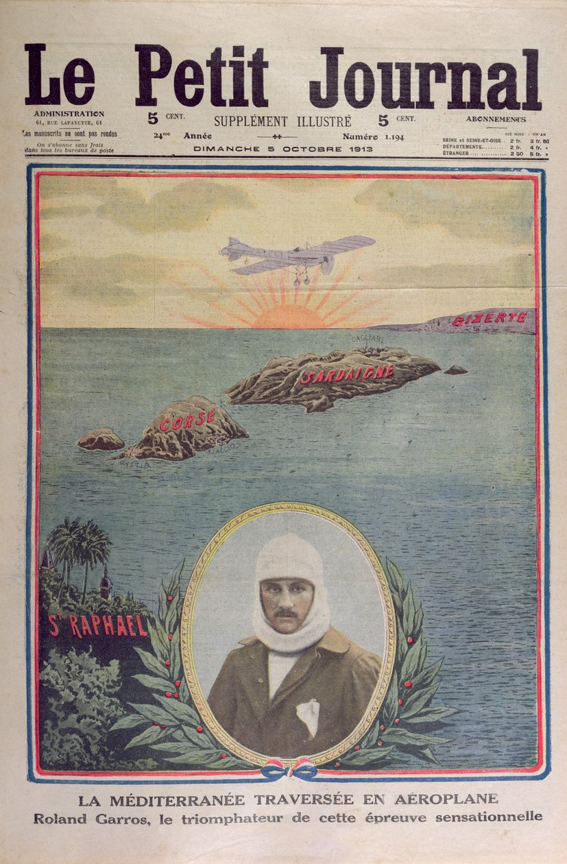 Første krydsning af Middelhavet 23. september 1913 af Roland Garros (1888-1918), forsideillustration af le Petit Journal 5. oktober 1913 af French School