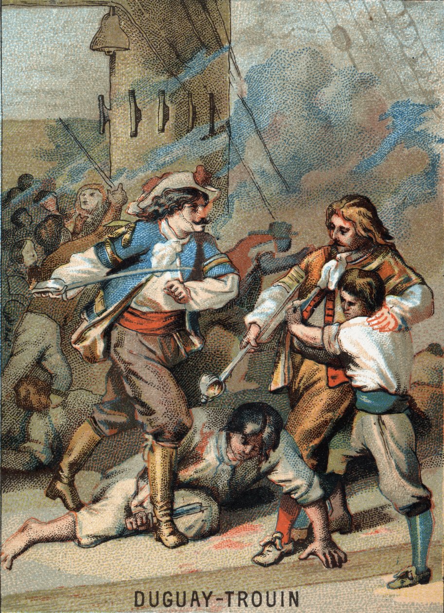 Første bedrift af Rene Duguay Trouin (Duguay-Trouin) (Rene Trouin du Gue dit) (1673-1736), fransk sømand: Duguay - Trouin kombattant Wassenaer (1695). Kromolitografi af serien ""patriotisk uddannelse gennem billede"". af French School