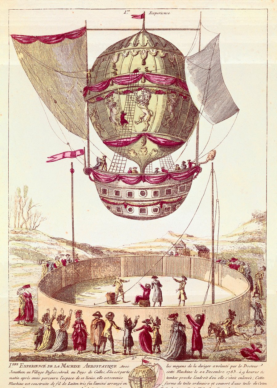 Første flyvning med en varmluftballon, 22. december 1783 i Defsessebruk (Wales) (litografi) af French School
