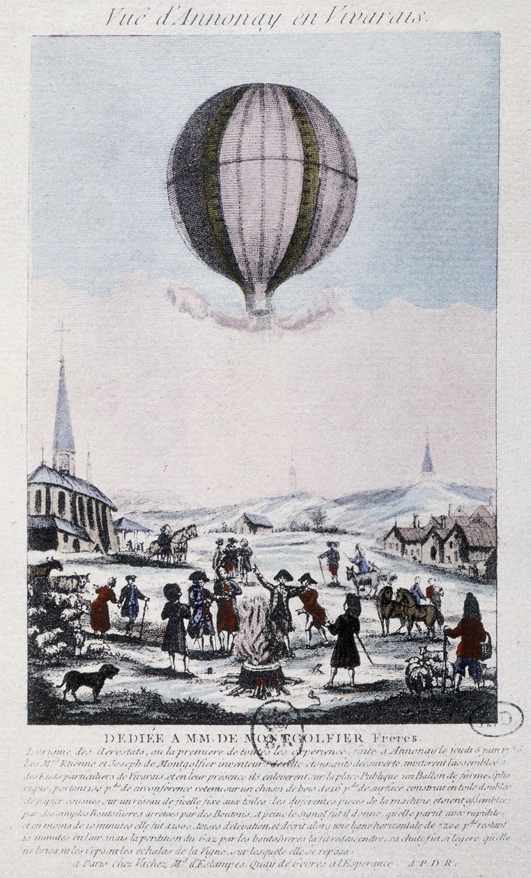 Første flyvning til Annonay af Montgolfiers-brødrene i 1783 af French School