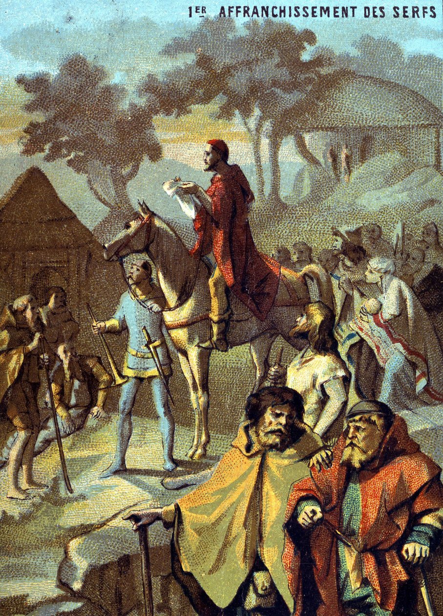 Første befrielse af de livegne (1315) af Louis X. Chromolithography of the series "" Patriotic learning through image"". af French School