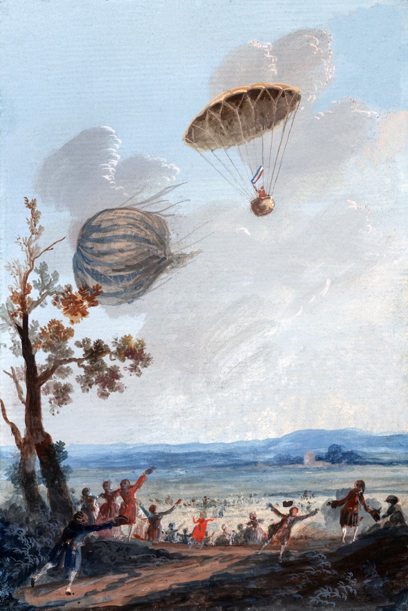 Første mand, der faldt ned i faldskærm, 22. oktober 1797, ved Parc Monceau, Paris, ca. 1797 af French School