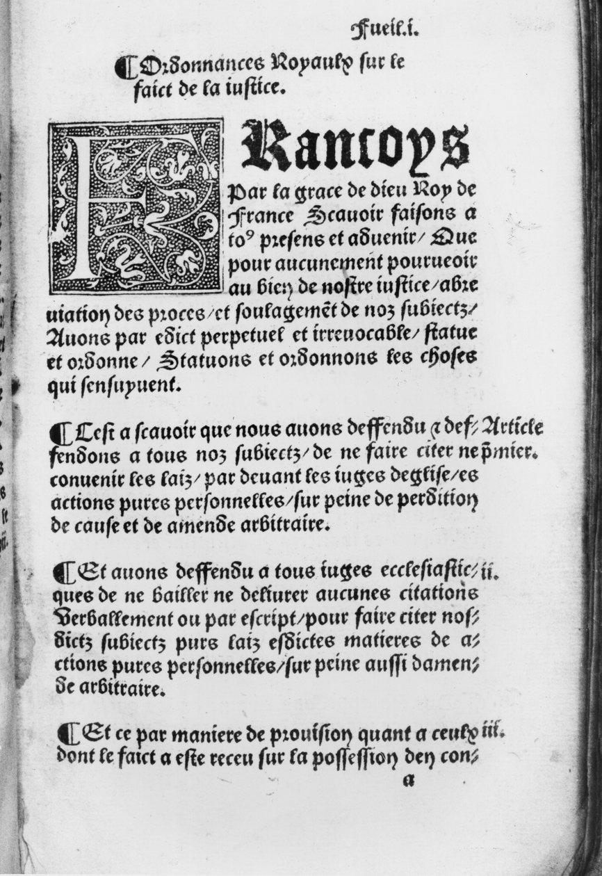 Første side fra Villers-Cotterets Ordinance, 1539 (trykt papir) af French School