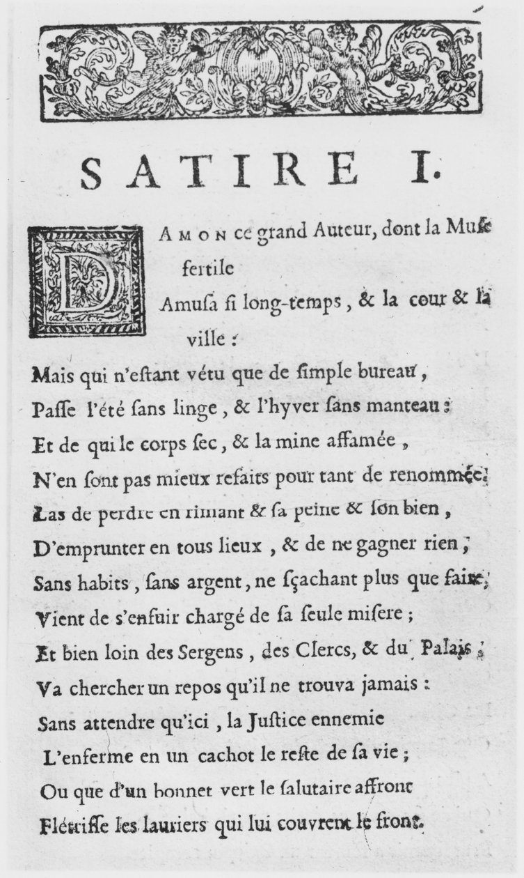 Første side af Satires af Nicolas Boileau, kendt som Boileau-Despreaux, udgivet i 1685 af French School