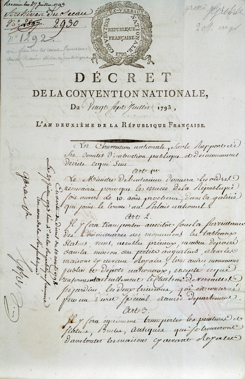 Første side af hemmeligheden bag den nationale konvent af 27/07/1793 om oprettelse af Palais du Louvre som museum af French School
