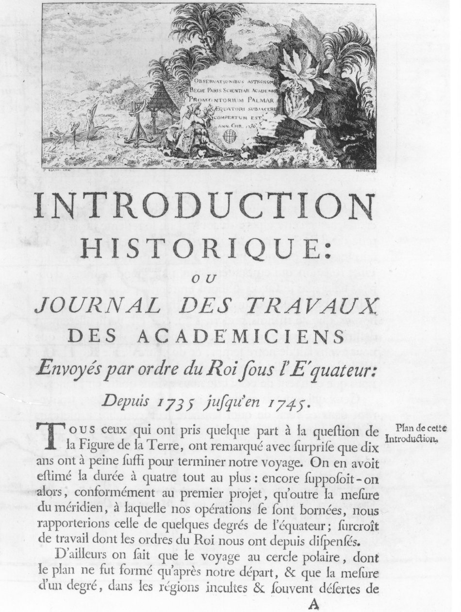 Første side af introduktionen til Journal des Travaux des Academiciens Sendt efter ordre fra Kongen under Ecuador fra 1735 til 1745 af Charles Marie de La Condamine (1701-74) 1751 (bw af French School
