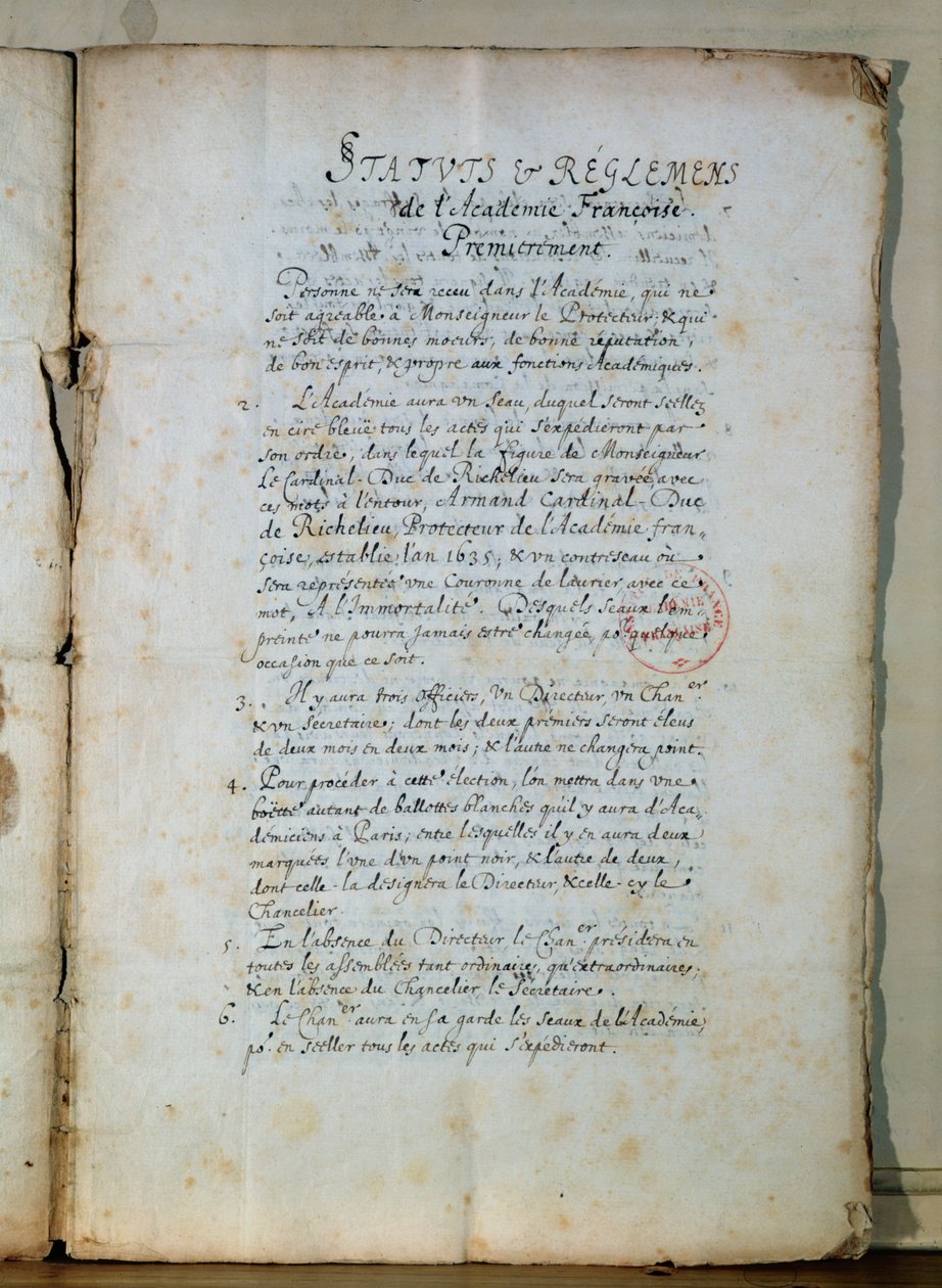 Første side af vedtægterne for det franske akademi, 1635 (blæk på papir) (se også 179947) af French School