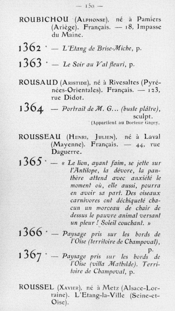 Første deltagelse af Le Douanier Rousseau på Salon dAutomne, katalog, side 150, Paris, 1905 af French School