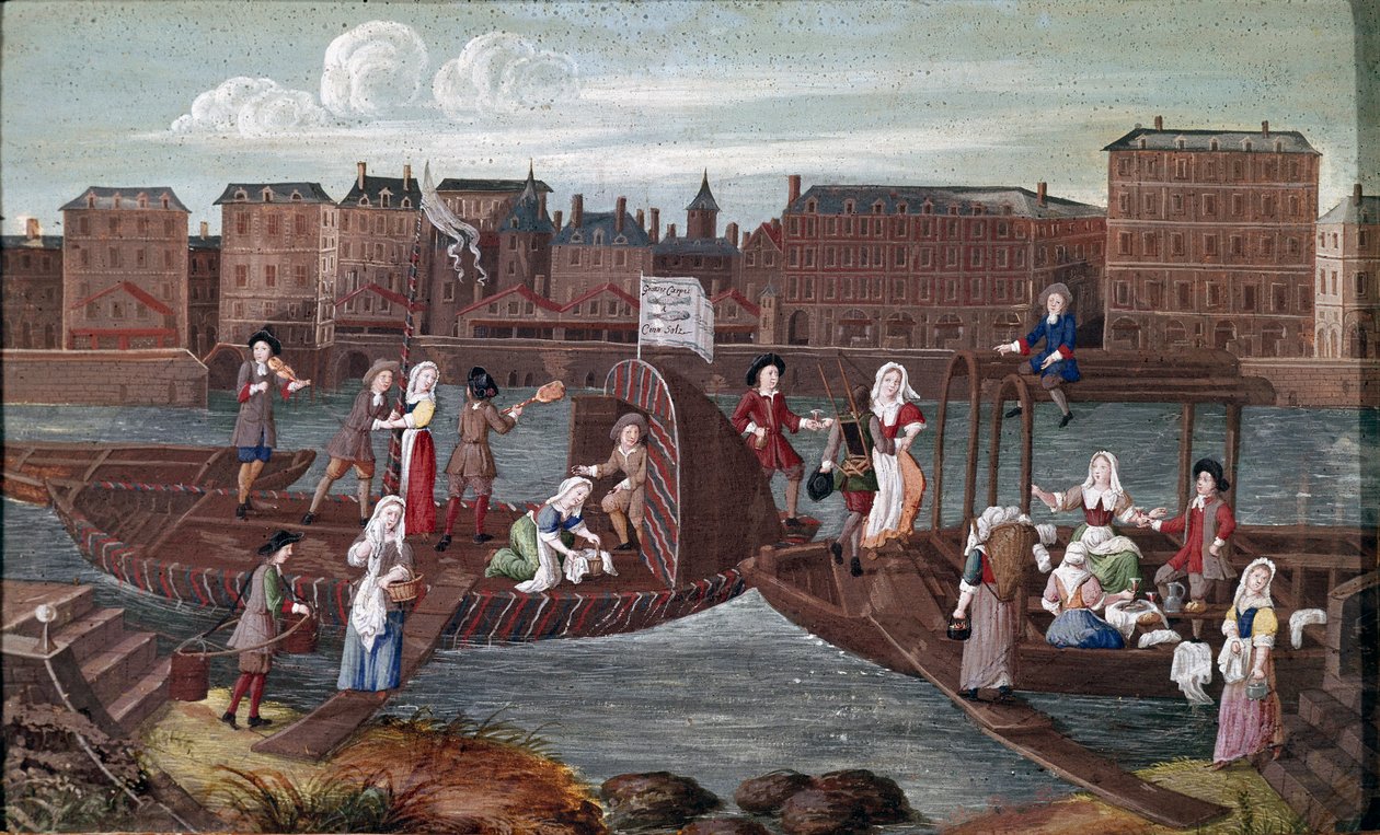 Fisk og lavendel på bagsiden. Detalje på bagsiden viser lavendeltræernes fritid, der spiser, chatter med andre håndværkere (vandbærer, skopudsning) og danser på en båd i Seinen. Maleri af den franske skole i det 17. århundrede af French School