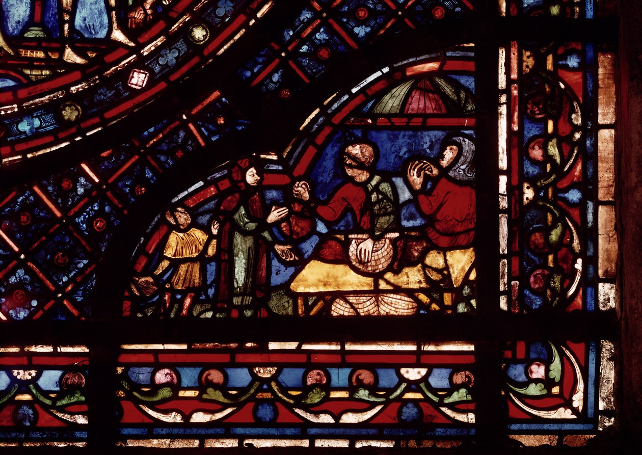 Fiskehandlere, detalje fra et vindue, der viser scener fra St. Anthonys liv, fra ambulatoriet i syd af French School