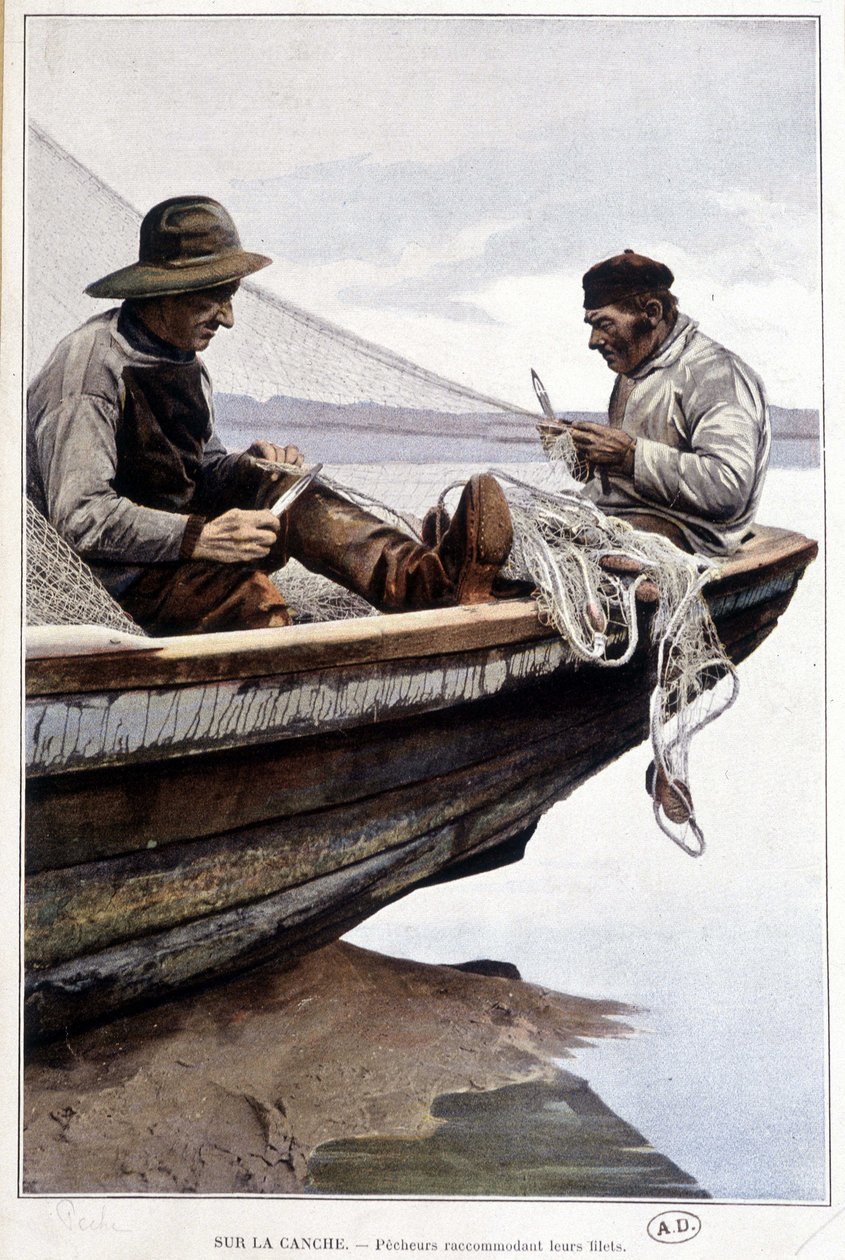 Fiskere, der roer net ombord, v. 1895 af French School
