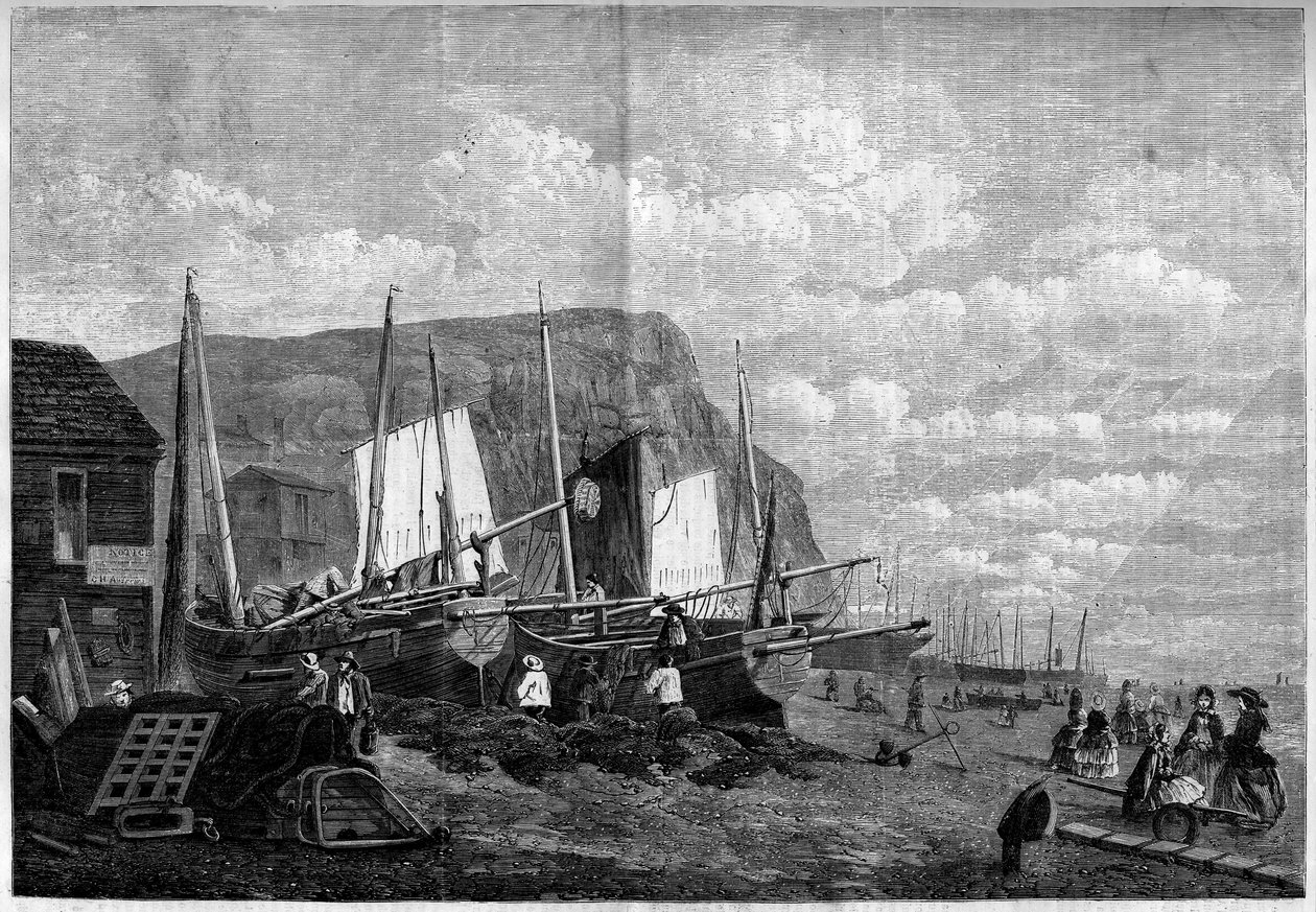 Fiskerbåde på Hastings Beach, England af French School
