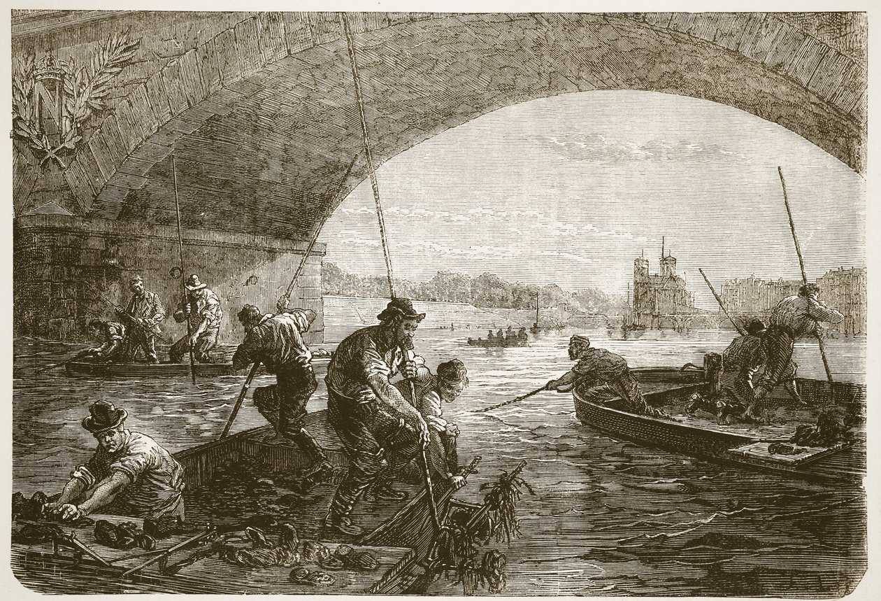 Fiskeri efter våben i Seinen, illustration fra Cassells historie om krigen mellem Frankrig og Tyskland, 1870-1871 af French School