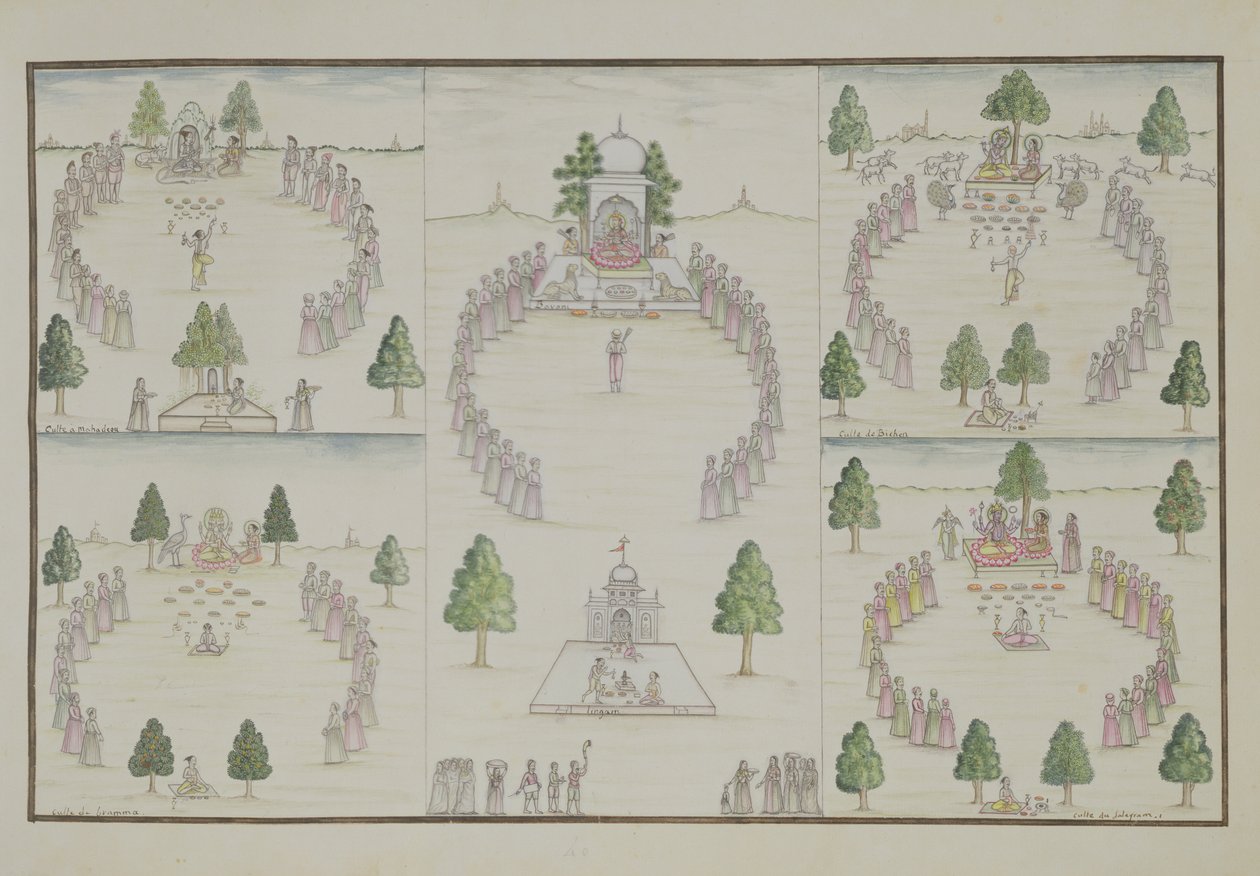 Fem hinduistiske kulter: Shiva, Krishna, Vishnu, Brahma og Mother Goddess fra The Gentil Album, udgivet i 1774 af French School