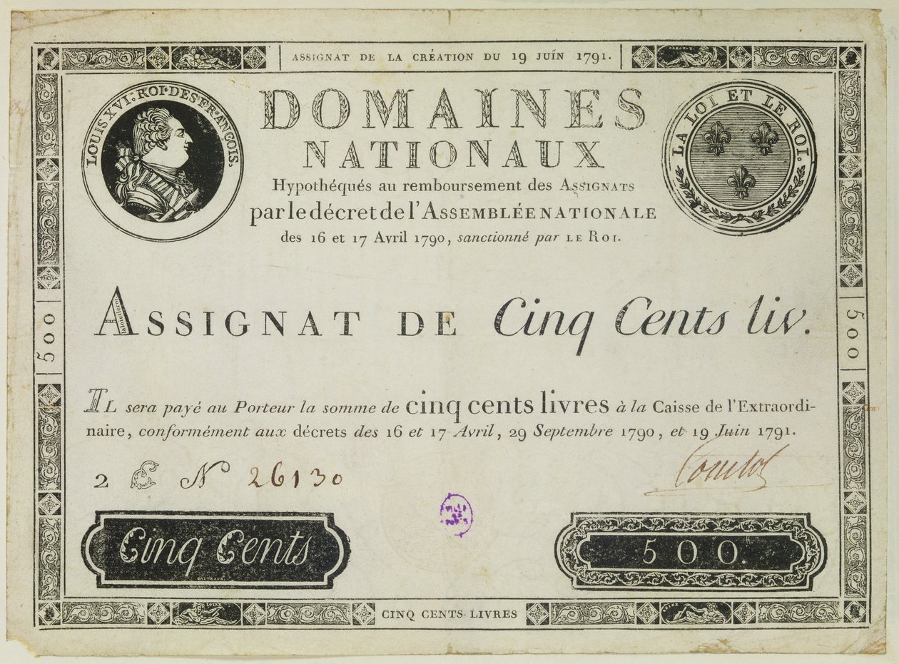 Fem hundrede livres seddel, 19. juni 1791 af French School