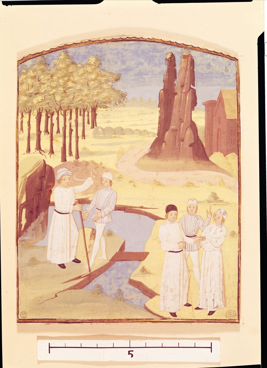 Fem personer diskuterer havedesign, fra Livre des Prouffitz Champestres af Pietro de Crescenzi (1230-132021) af French School