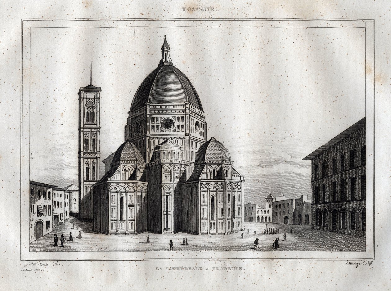 Firenze katedral - Udsigt over katedralen i Firenze (Duomo Santa Maria del Fiore). Kuppelen blev lavet af Filippo Brunelleschi omkring 1420-1436, Firenze, Italien - Indgravering fra "" Italy Picturesque"" - Historical and Descriptive Table of Italy" af M.  af French School