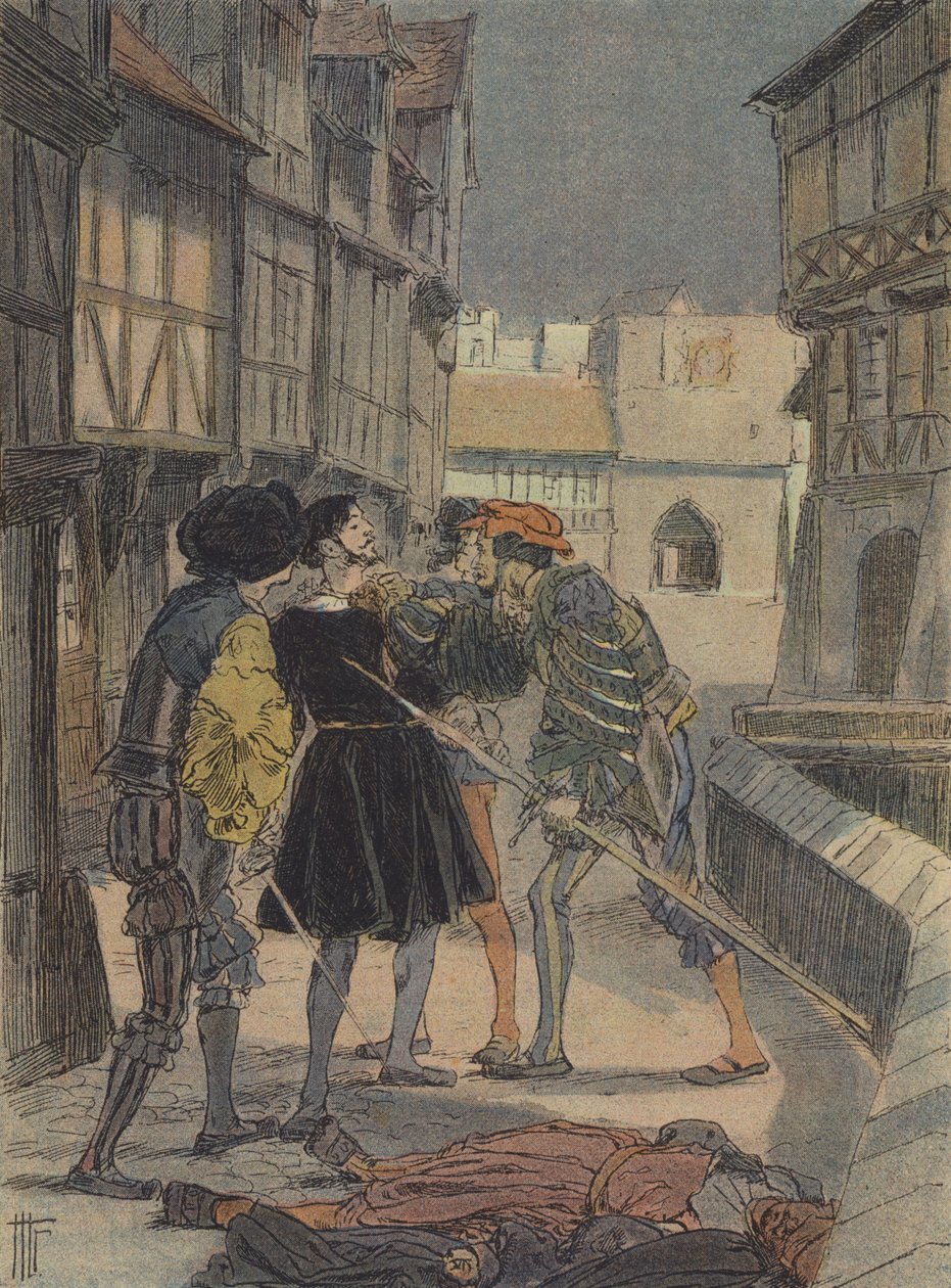 Den florentinske guldsmed og billedhugger Benvenuto Cellini omringet og truet af en gruppe mænd (farvelitografi) af French School