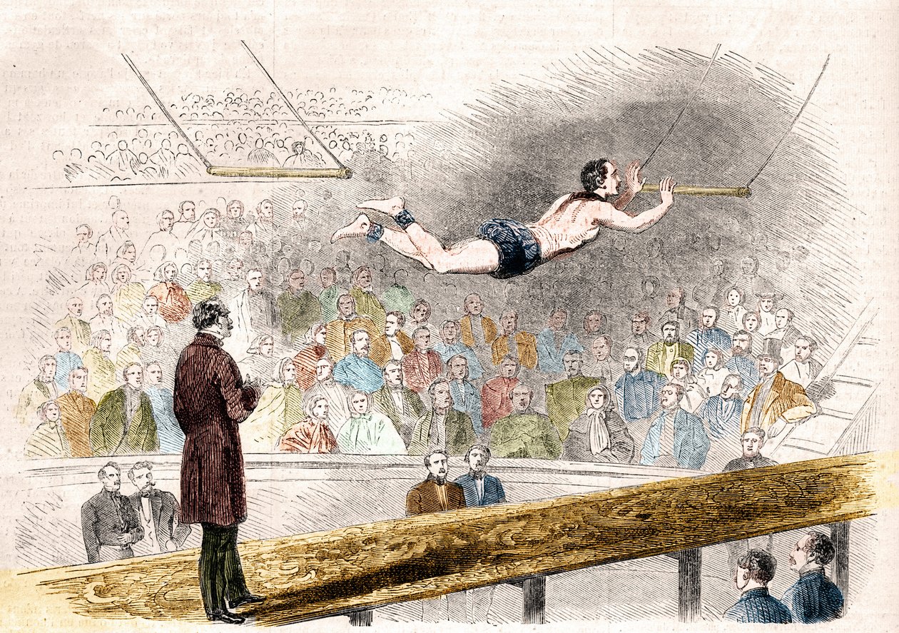 Flyvende trapeznummer af den franske akrobat Jules Leotard (1839-1870) ved Cirque de Napoleon (i dag Cirque d