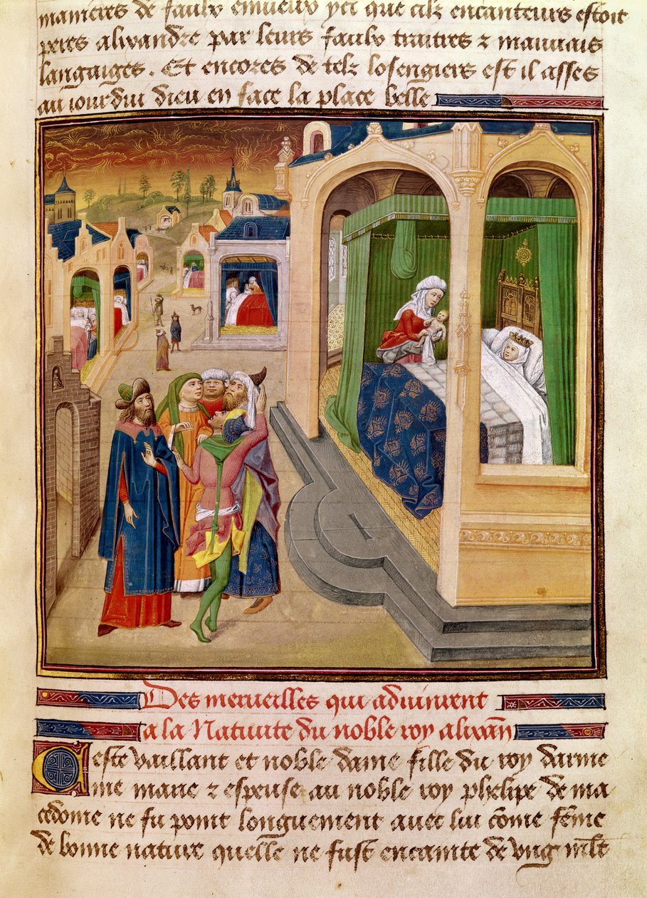 Fol.10r De vidundere, der skete ved fødslen af Alexander den Store (356-323 f.Kr.) illustration fra en bog af Jean Wauquelin, fra Histoire du Grand Alexandre 1460 af French School