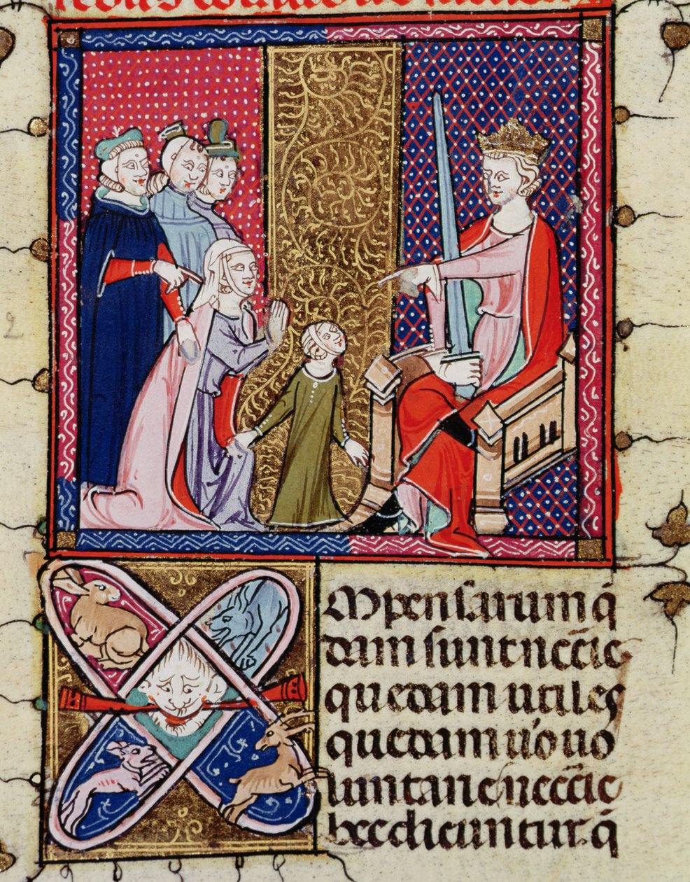 Fol.11v Et barn og hendes mor optræder for en dommer, fra Justiniani i Fortiatum af French School