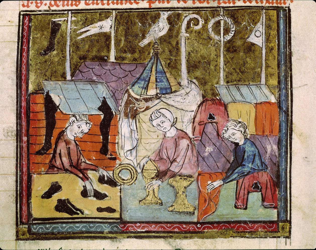 Fol.122v Købmænd på Lendit-messen nær St. Denis, fra Grandes Chroniques de France, 1375-79 af French School