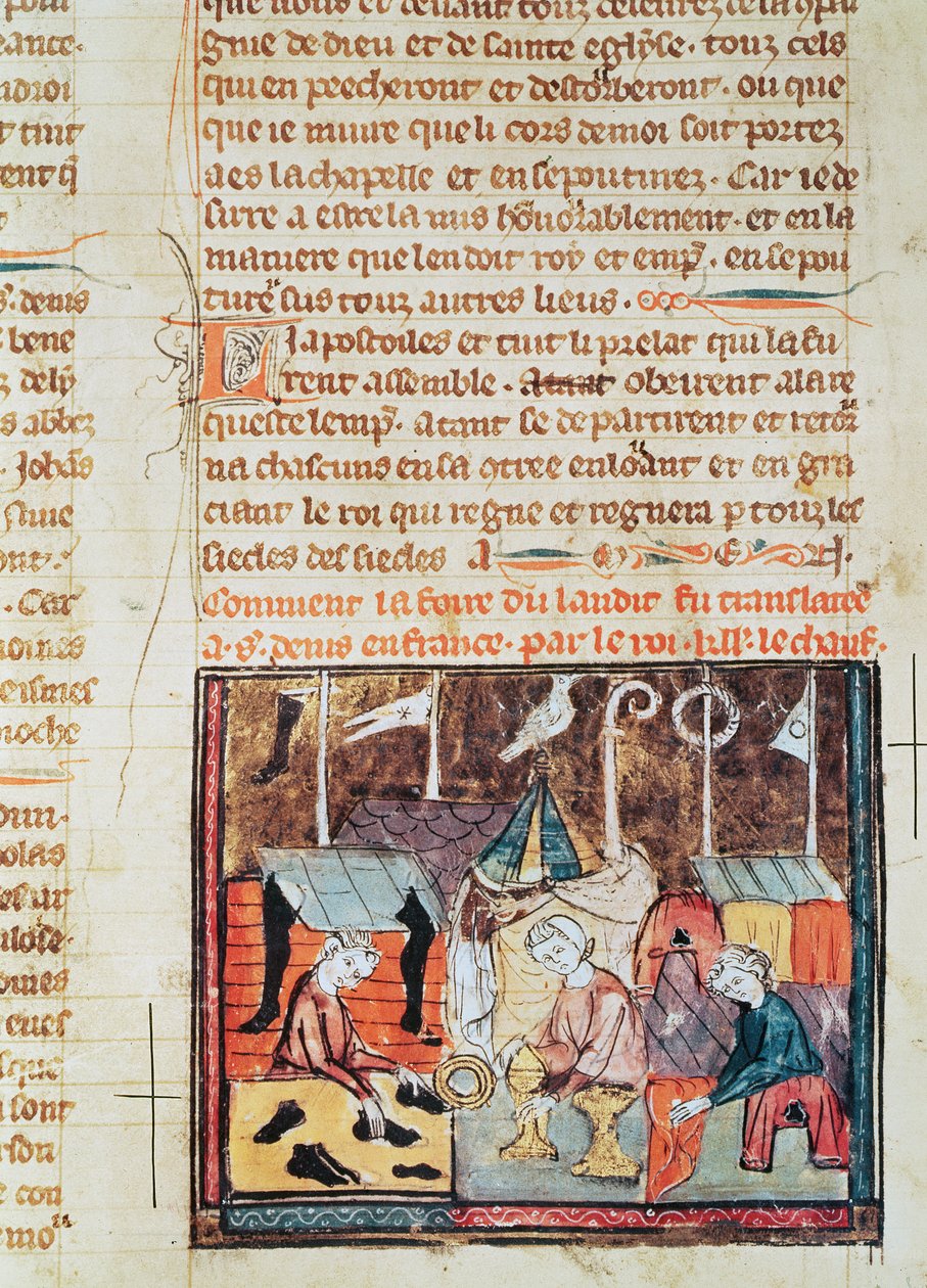 Fol.122v Købmænd på Lendit-messen nær St. Denis, fra Grandes Chroniques de France, 1375-79 af French School