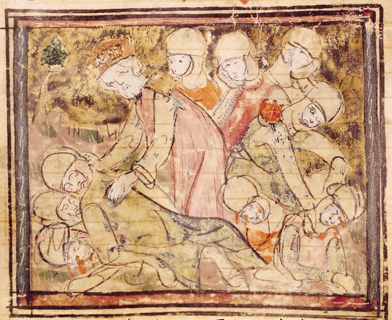 Fol.136v Hvordan Charlemagne (742-814) fandt Roland død, fra Grandes Chroniques de France, 1375-79 af French School