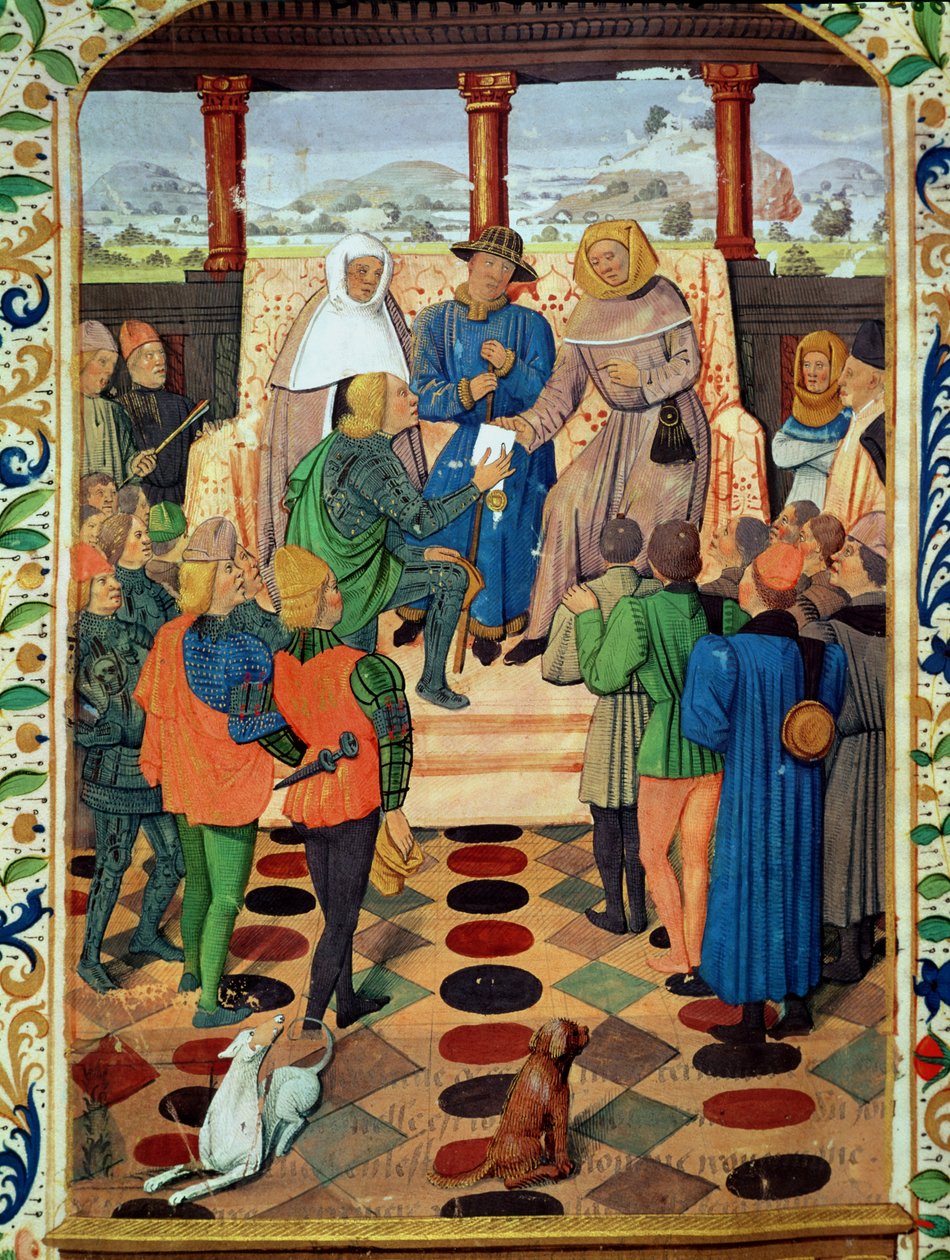 Fol.185v Charles VII (1403-61) giver et dokument til Jeanne d