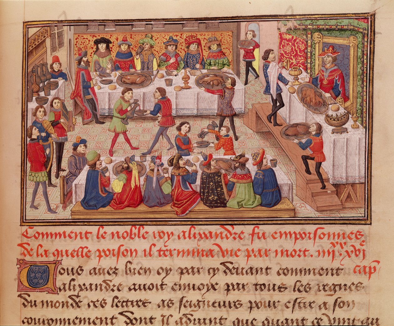 Fol.298r Hvordan den adelige kong Alexander blev forgiftet, illustration fra en bog af Jean Wauquelin, fra Histoire du Grand Alexandre 1460 af French School