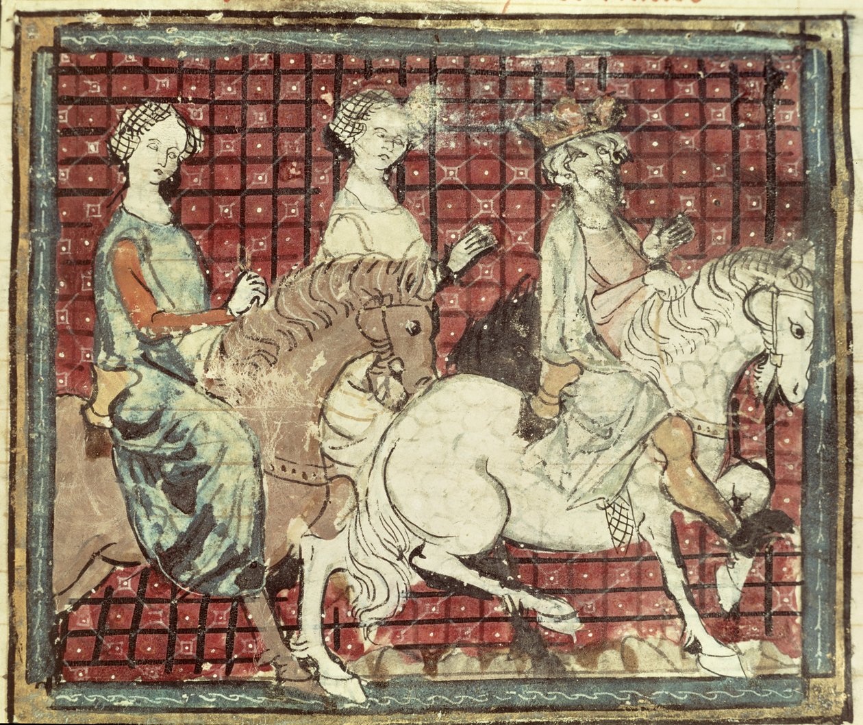 Fol.31r Chilperic I (543-97) og Fredegonde til hest, fra Grandes Chroniques de France, 1375-79 af French School