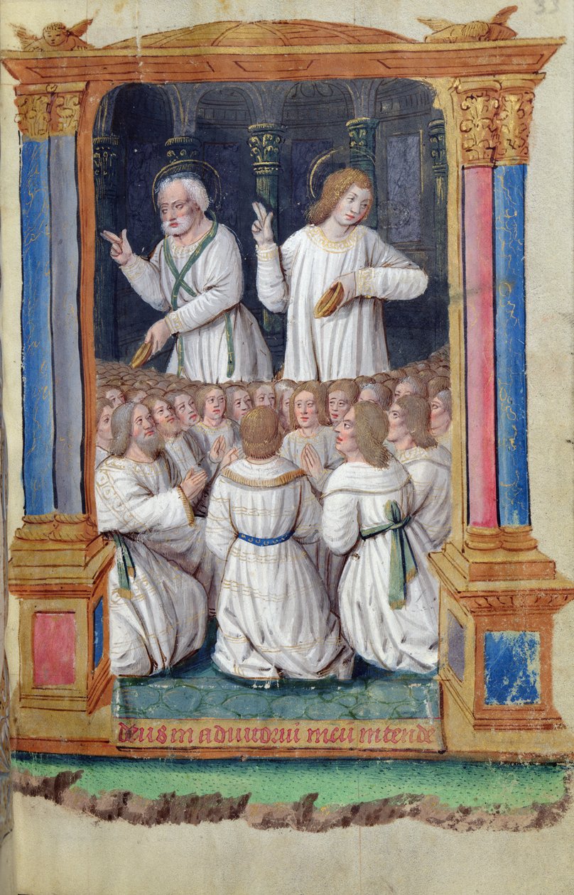 Fol.33r St. Peter og St. John formaner de troende, fra Heures a lUsage de Rome af French School