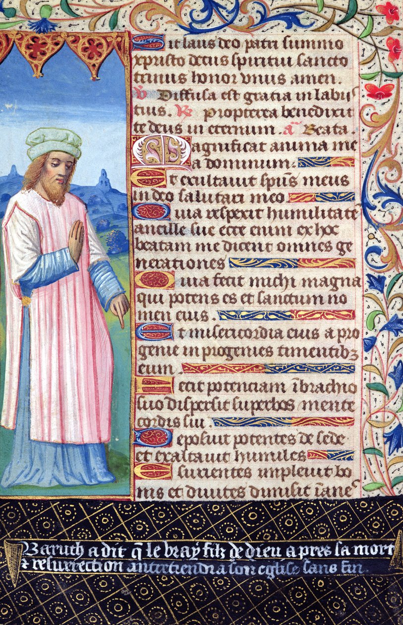 Fol.36v Tekst af Magnificat med et portræt af Baruch, fra Heures a lUsage de Rome af French School
