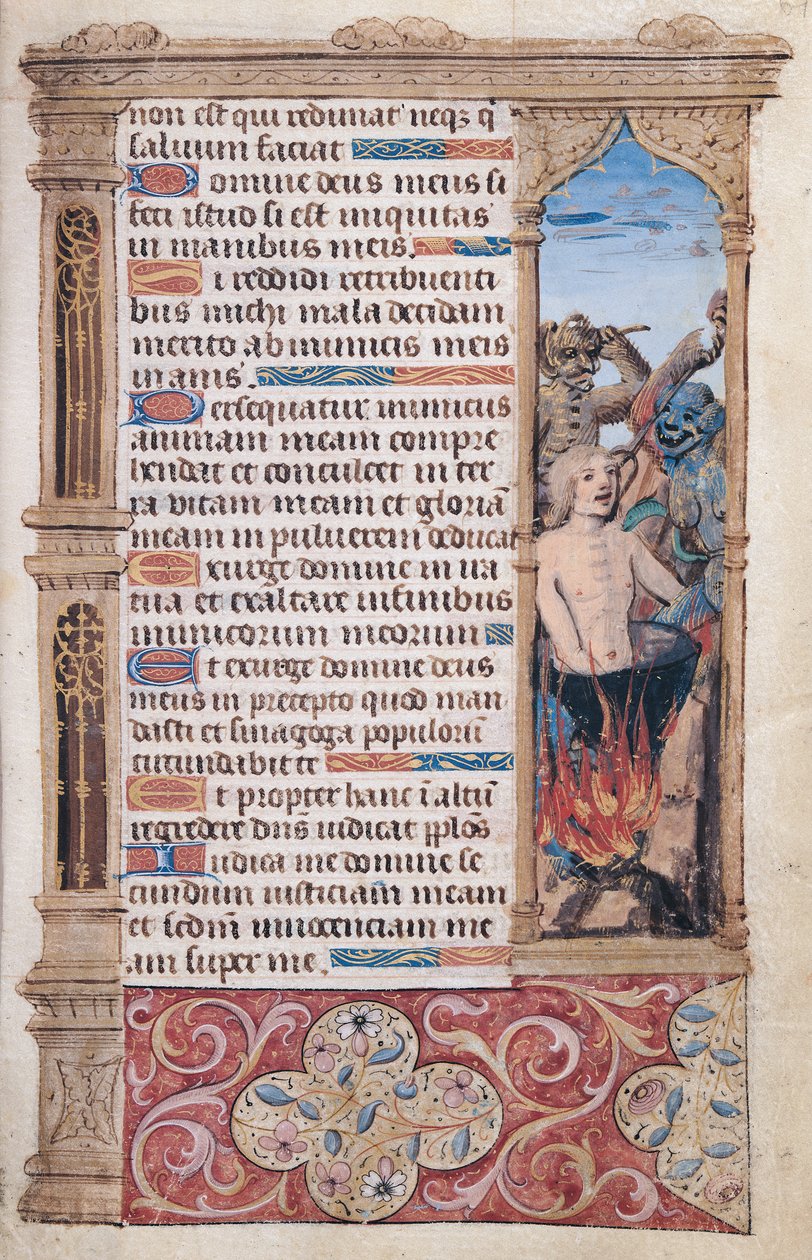 Fol.67r Side med tekst med en kantdetaljer af en mand, der tortureres af to dæmoner, fra "Heures de l"Usage de Rome" af French School