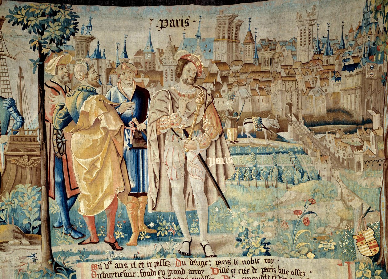 Fondation de la ville de Paris. Kong Francois I (1494-1547) besluttede at etablere sin permanente hovedstad i Paris, da han vendte tilbage fra fangenskab i 1527. Tapetet af "The fabulous history of the Gaules"" lavet af Arras værksted. 1530 Beauvais, afd af French School