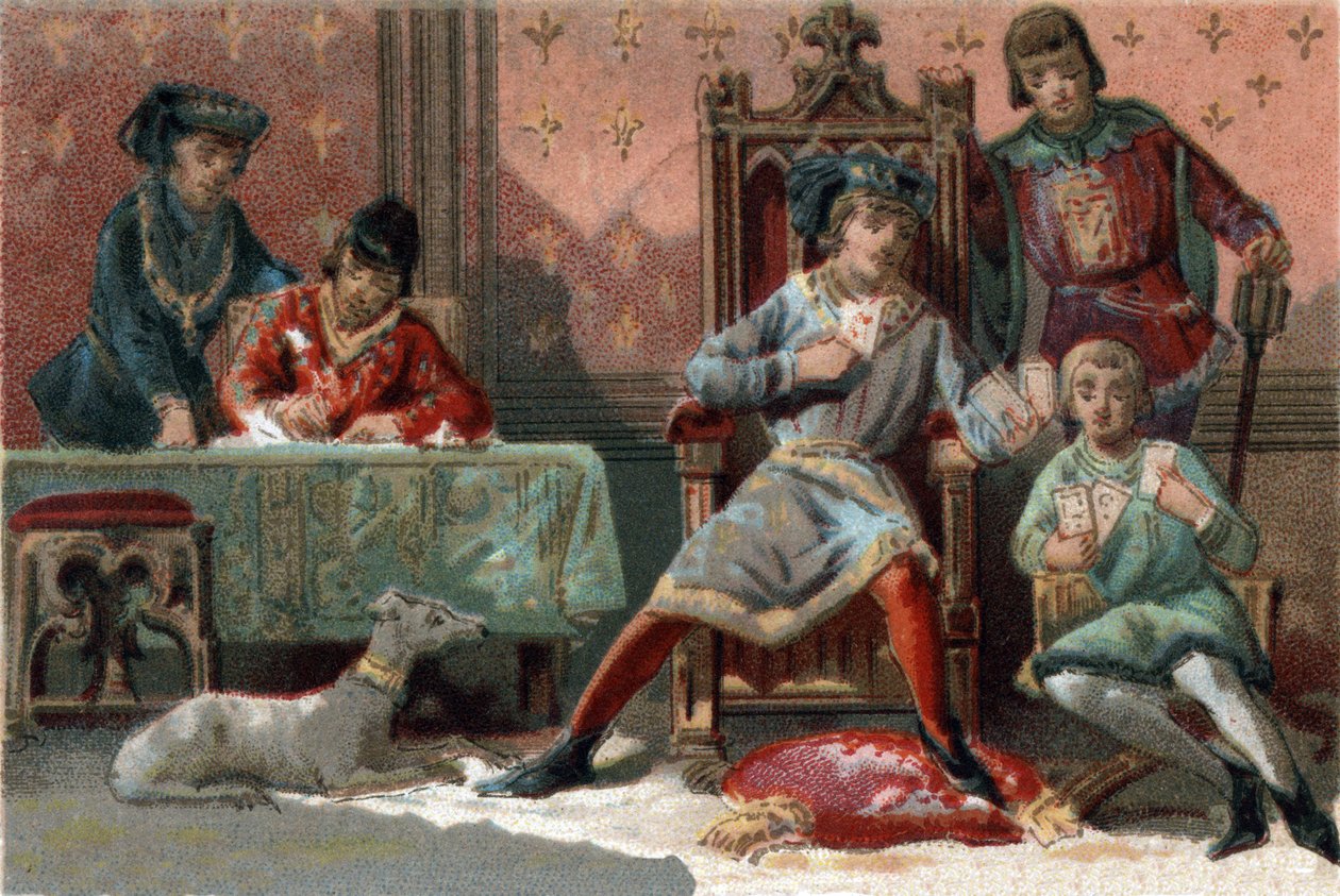 Til distraktion plejede kongen af Frankrig Charles VI (1368-1422) at spille kort. Kromolitografi omkring 1890. af French School