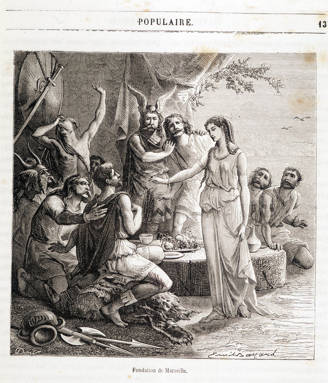 Marseillen perustaminen: kreikkalaiset merimiehet perustivat ranskalaisen kaupungin vuonna 600 eKr. Kaiverrus Henri Martinin kirjaan "Histoire de France populaire". 1800-luvulla af French School