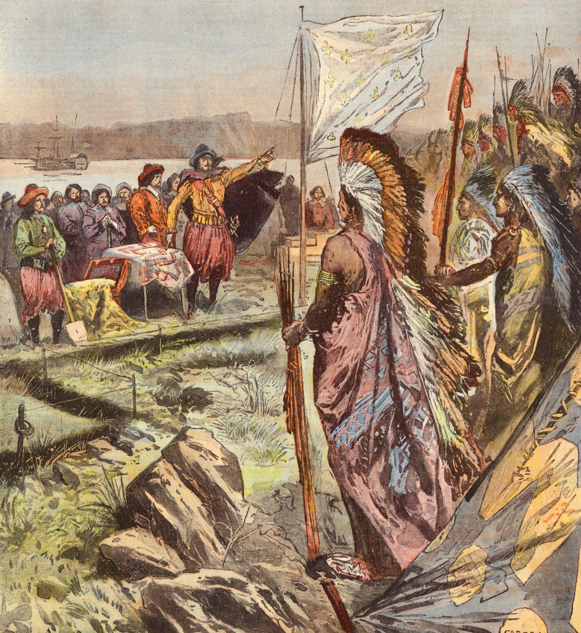 Grundlæggelsen af byen Quebec af Samuel de Champlain (farvelitografi) af French School