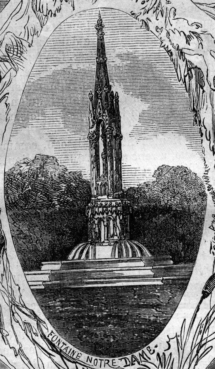 Fountain of Paris: udsigt over jomfrufontænen (Notre Dame-fontænen) (cirka 1845). Indgravering i "" Le Monde Illustré"" nr. 254 af 22. februar af French School